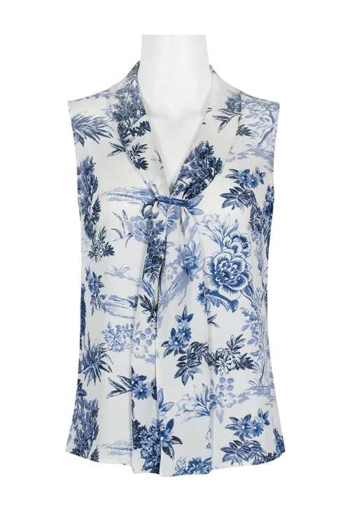 Tahari ASL Lapel Collar Sleeveless Multi Print Floral Polyester Top