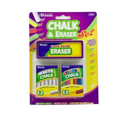 Bazic 2402  12 Color & 12 White Chalk w/ Eraser Set Pack of 24