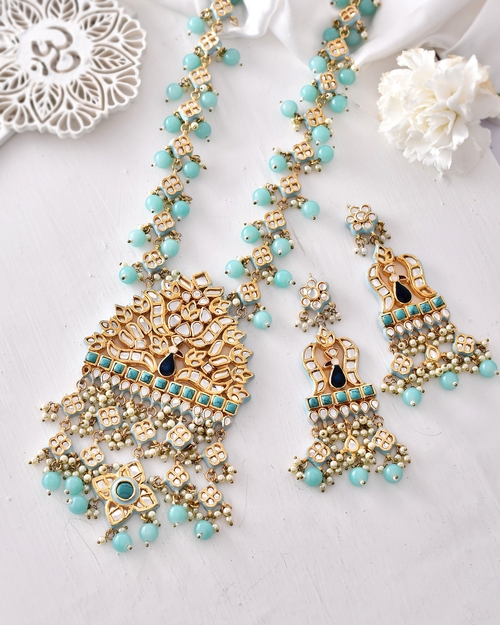 Green Gold Plated Designer Golden Jewellery Set with Chain & Earring