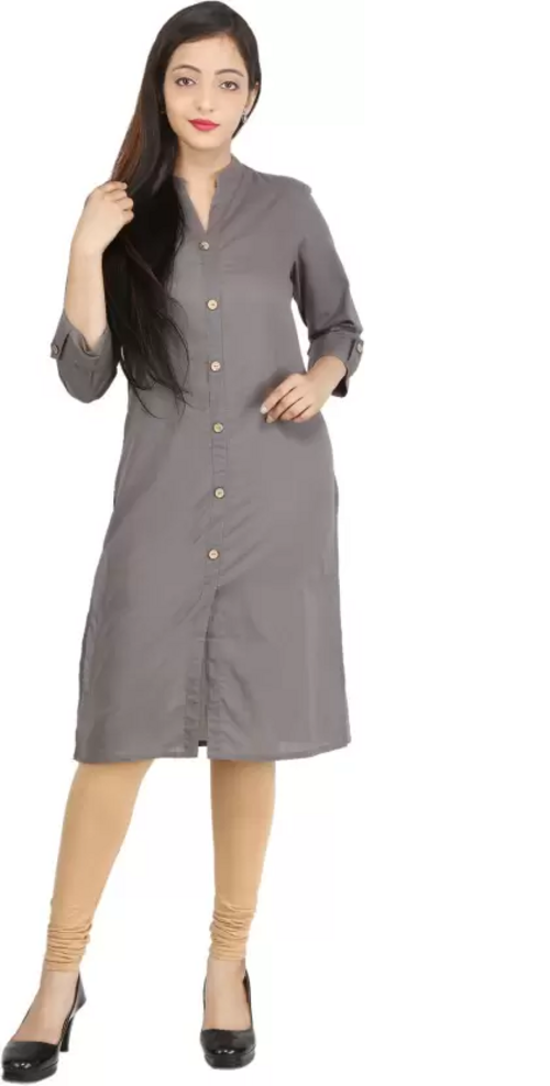 Women Solid Cotton Silk Straight Kurta  (Grey) Size L