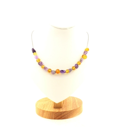 Genuine Baltic Sea Amber + Amethyst 20 beads necklace.