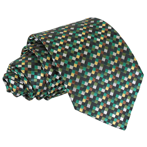 Chequered Geometric Classic Tie - Green with Gold, Silver and Bronze