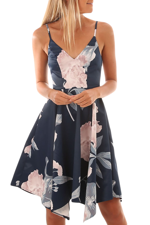 Navy Floral Print Asymmetric Hem Sway Dress