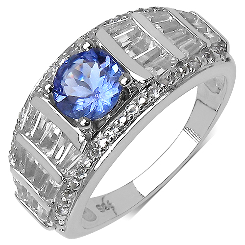 2.30 Carat Genuine Tanzanite & White Topaz .925 Sterling Silver Ring
