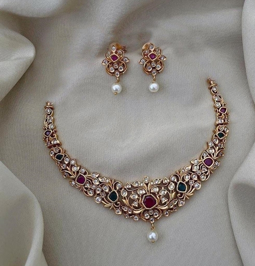 Beautiful Gold plated cz matte finish necklace set