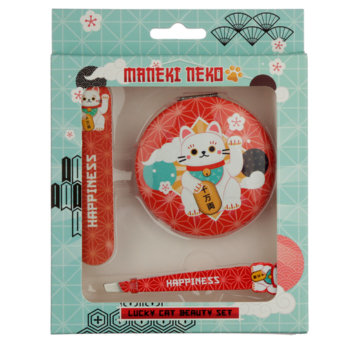 Lucky Cat Maneki Neko Beauty Set - Compact Mirror, Nail File &