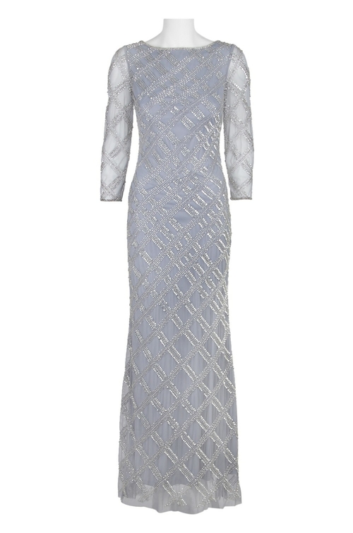 Adrianna Papell Boat Neck Long Sleeve Zipper Back Beaded Mesh Dress