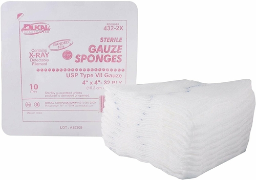 Dukal Type VII Gauze Sponges 4" x 4". Case of 300 32-ply X-Ray