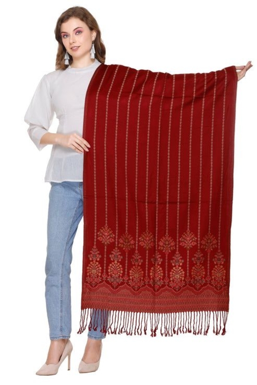 Dark Maroon Straight Line Design Viscose Stole For Women.