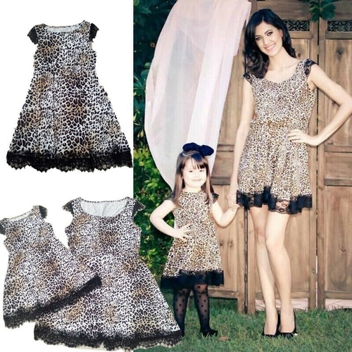 Mom Girls Family Matching Leopard Long Dress