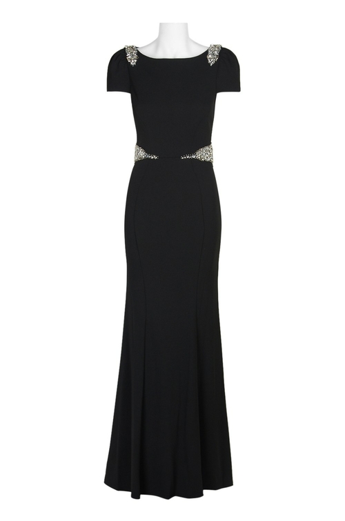 Cachet Boat Neck Embellished Short Sleeve Zipper Back Crepe Dress