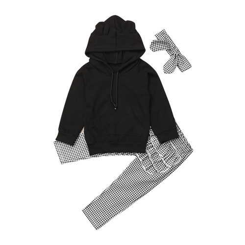 3Pcs Kid Girl Ruffle Plaids Hooded Clothes Sets
