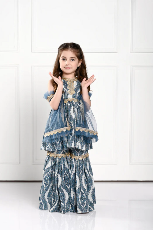 GIRLS SLEEVELESS ETHINIC DRESS  (SIZE-3-4yr) (COLOR-BLUE)