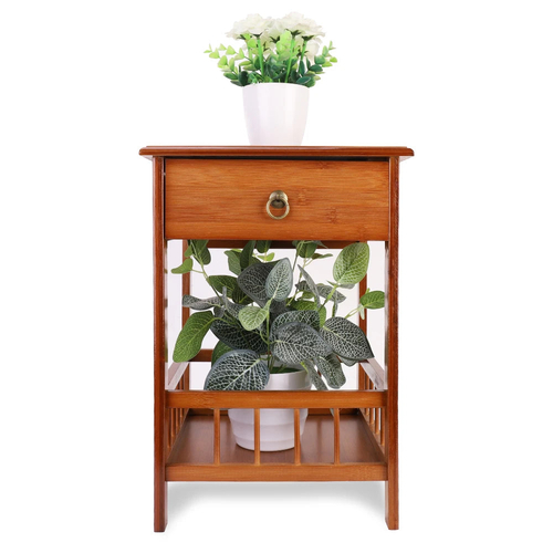 Bamboo Bedside Table with Drawer Bedroom Nightstand Plant Storage