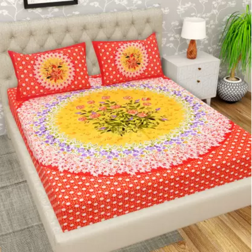 144 TC Cotton Double Jaipuri Prints Flat Bedsheet  (Pack of 1, Red)