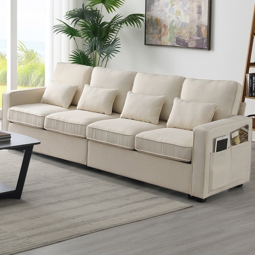 104" 4-Seater Modern Linen Fabric Sofa with Armrest Pockets and 4