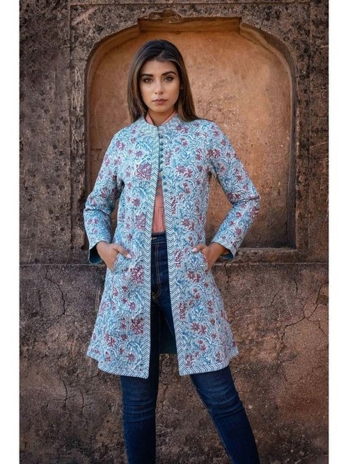 Blue Block Printed Quilted Coat