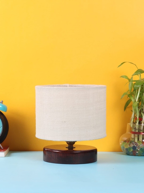 White Jute Table lamp with Wood Brown Base