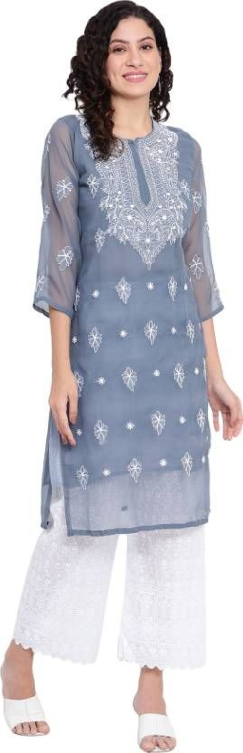 Women Chikanari Embroidery Georgette Straight Kurta Handwork Design