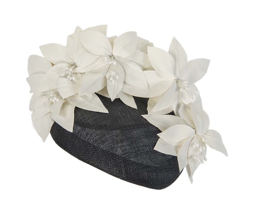 Black & cream pillbox with leather flowers 