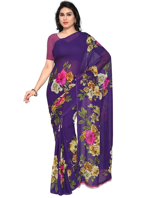 Printed Faux Georgette Purple Color Saree