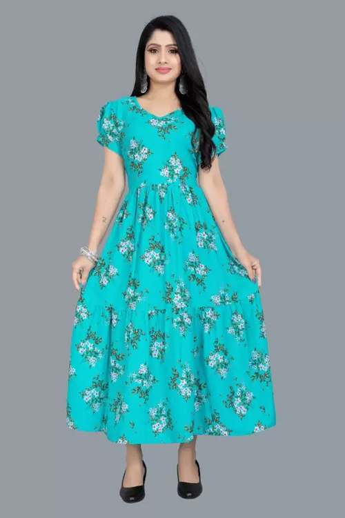 Women's Printed Crepe Stitched Anarkali Gown (Light Blue) (Size M)