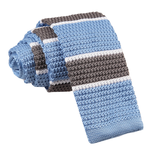 Knitted Stripe with 2 Borders Skinny Tie - Knitted Light Blue, Grey