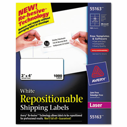 Avery 55163 Re-hesive Labels For Laser Printers  2 x 4  White  1000 Pa