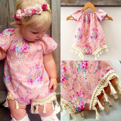 Newborn Pink Girls Floral Tassle Bodysuits 