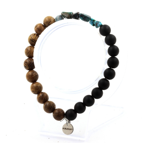 Chrysocolla from USA + Matte black Onyx + wood Bracelet 8 mm Beads.