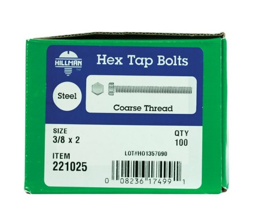 Hillman 221025 0.375 x 2 in. Fully Threaded Hex Tap Bolt  Zinc Finish 