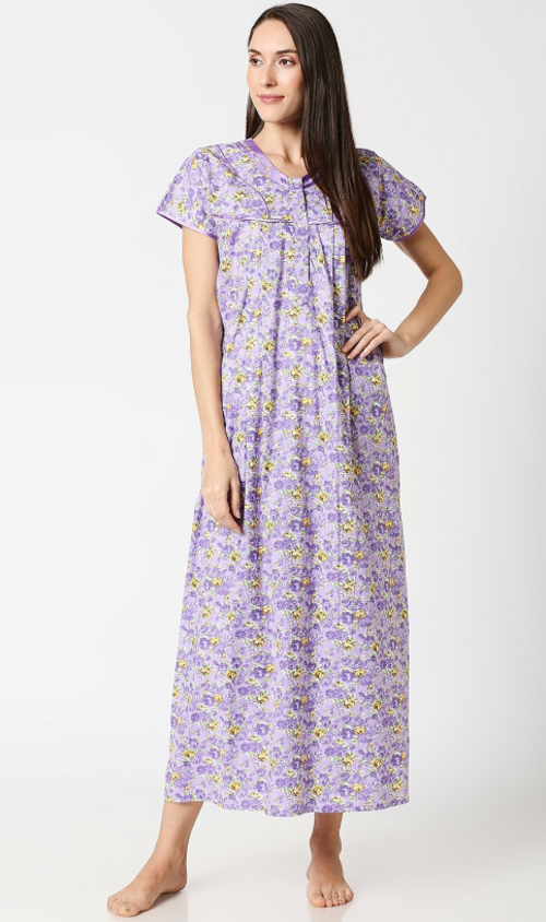 Women Printed Maternity Nursing Nighty Purple & Green(Size S)