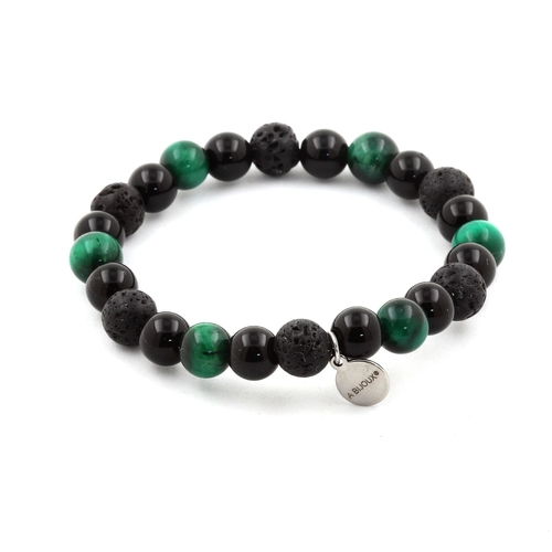 Green Tiger's Eye + Lava + Black Agate Bracelet 8 mm Beads.