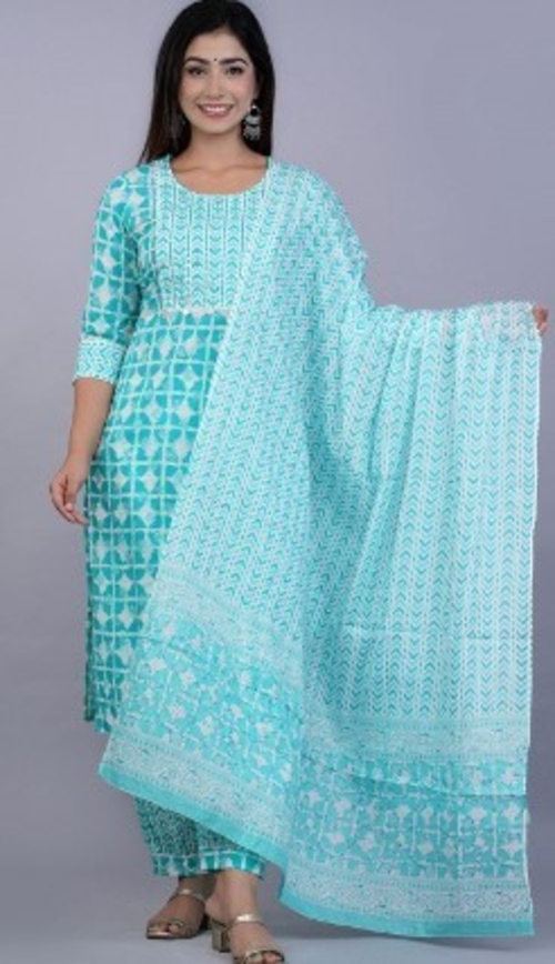 Ethnic Motifs Printed Pure Cotton Kurta with Salwar & Dupatta (SIZE-M)