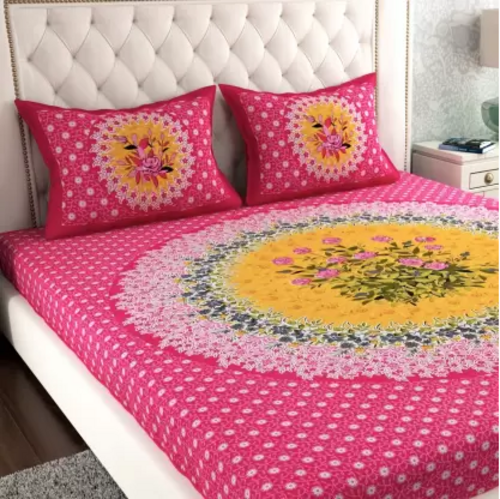 144 TC Cotton Double Jaipuri Prints Flat Bedsheet  (Pack of 1, Yellow,