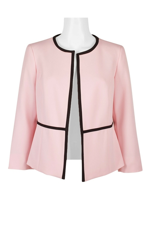 Evan Picone Crew Neck Long Sleeve Open Front Piping Detail Crepe