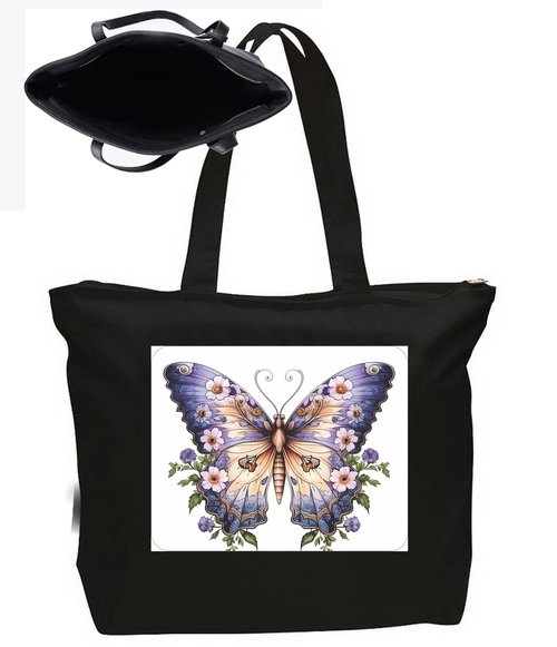 Butterfly and Flowers Large New Zipper Tote Bag