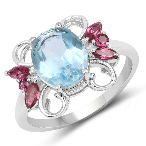 3.71 Carat Genuine Blue Topaz and Rhodolite .925 Sterling Silver Ring