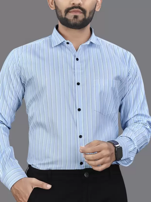 Men Regular Fit Striped Spread Collar Formal Shirt Light Blue (Size M)