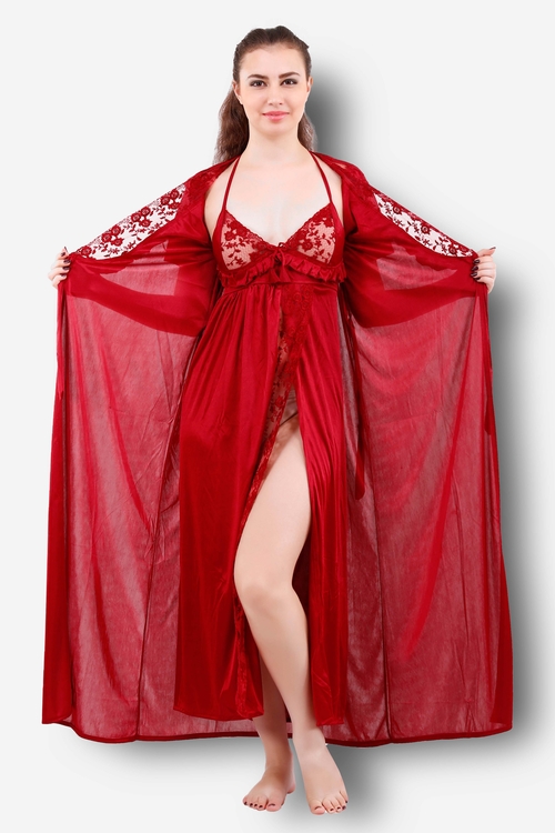 Romaisa Women's Satin Solid Maroon Maxi Length Nighty with Robe