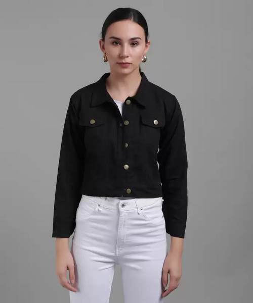 Women Solid Light Weight Casual Short Jacket (Color Black) (Size M)