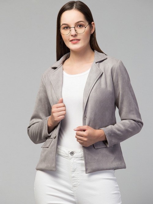 Women Classic Essential Linen Lapel Suede Jacket (Color Grey) (Size S)
