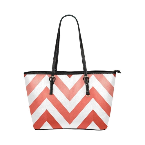 Large Leather Tote Shoulder Bag - Red and White Herringbone Print