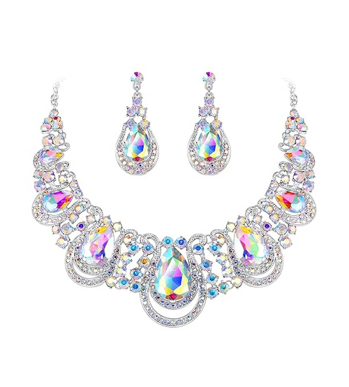 Women's Crystal Teardrop Necklace Dangle Earrings Set