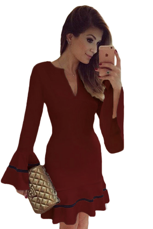 Wine Long Sleeve Pencil Sheath Mini Dress