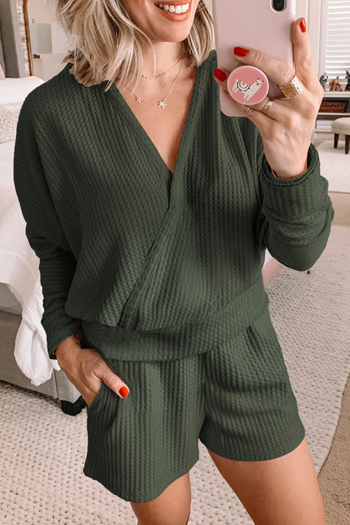 Green Waffle Texture V Neck Long Sleeve Hoodie & Shorts Two-Piece