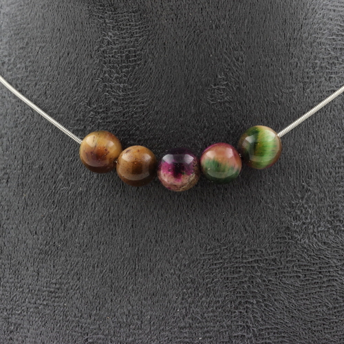 Two-tone Fuschia Tiger's Eye 8 mm 5 beads necklace.