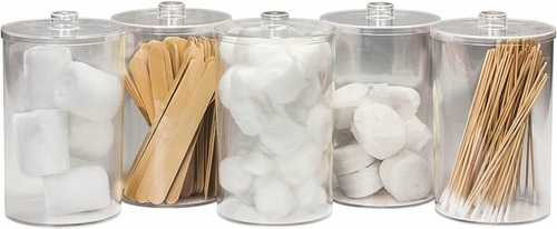 Dukal Pack of 5 Plastic Sundry Jars 6 1/2” x 4”. Clear Sundry Holders