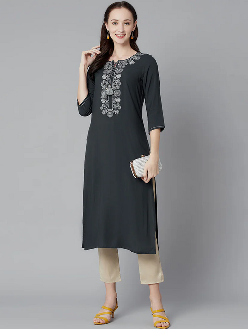 Women's straight slim kurta (Size-XL) (Color-BLACK)