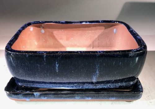 Marble Blue Ceramic Bonsai Pot - RectangleWith Humidity Drip Tray8" x